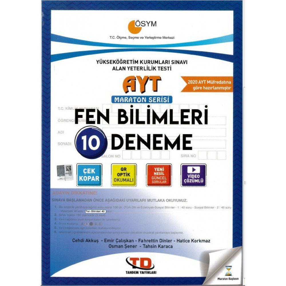 TANDEM YAYINLARI AYT MARATON SERİSİ FEN BİLİMLERİ DENEME