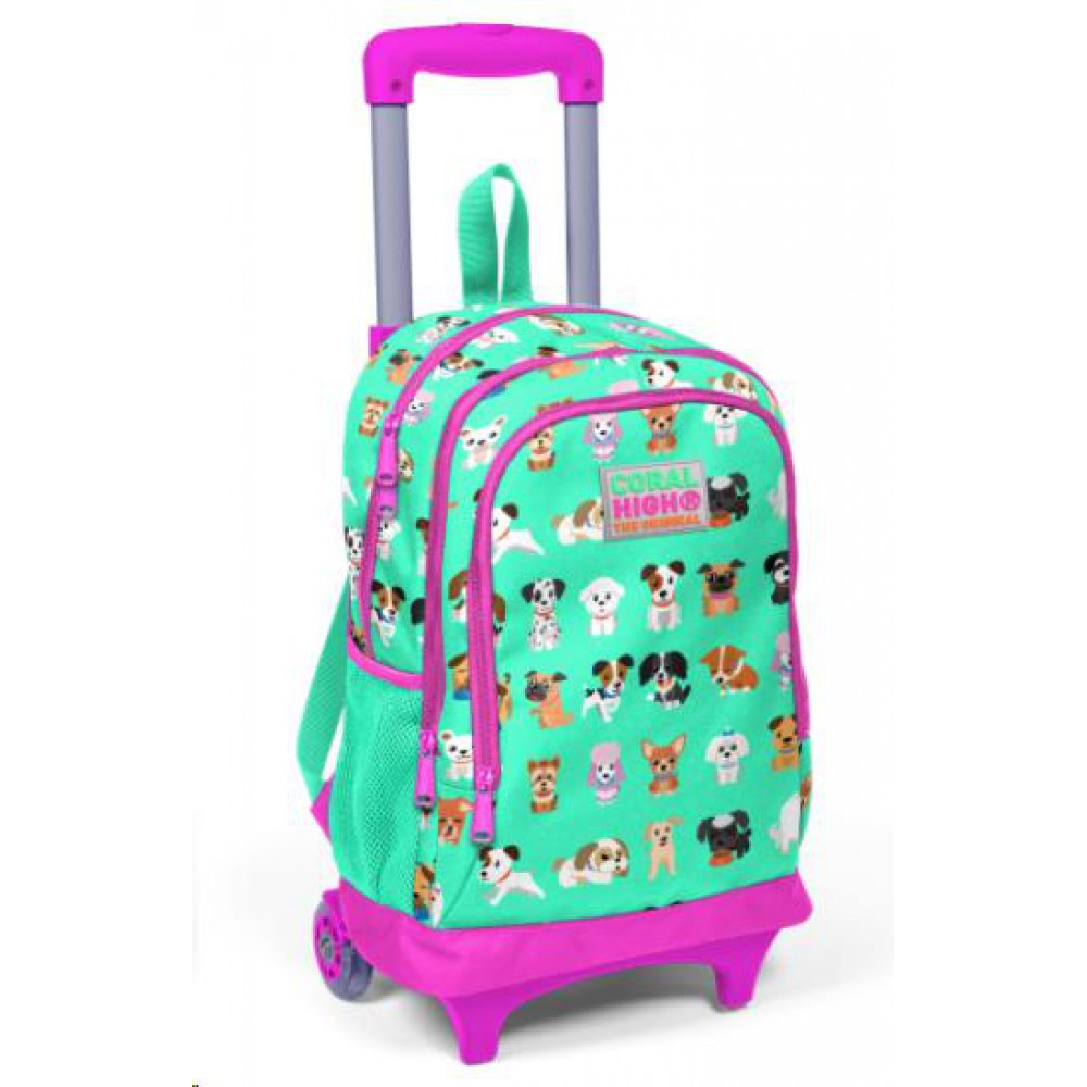 Coral High Kids Su Yeşili Köpek Desenli Işıklı Tekerlekli İki Bölmeli Çekçekli Sırt Çantası